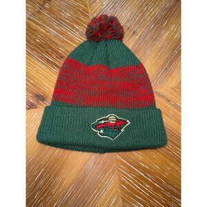 Minnesota Wild Knit Beanie Hat Green & Red With Pom Mens Winter Cap